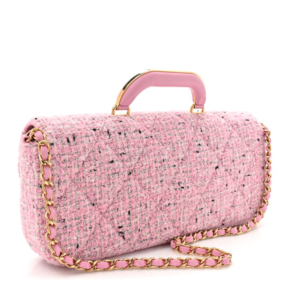 Chanel Tweed Large Top Handle Clutch With Chain Pink Black Ecru 3 of 10