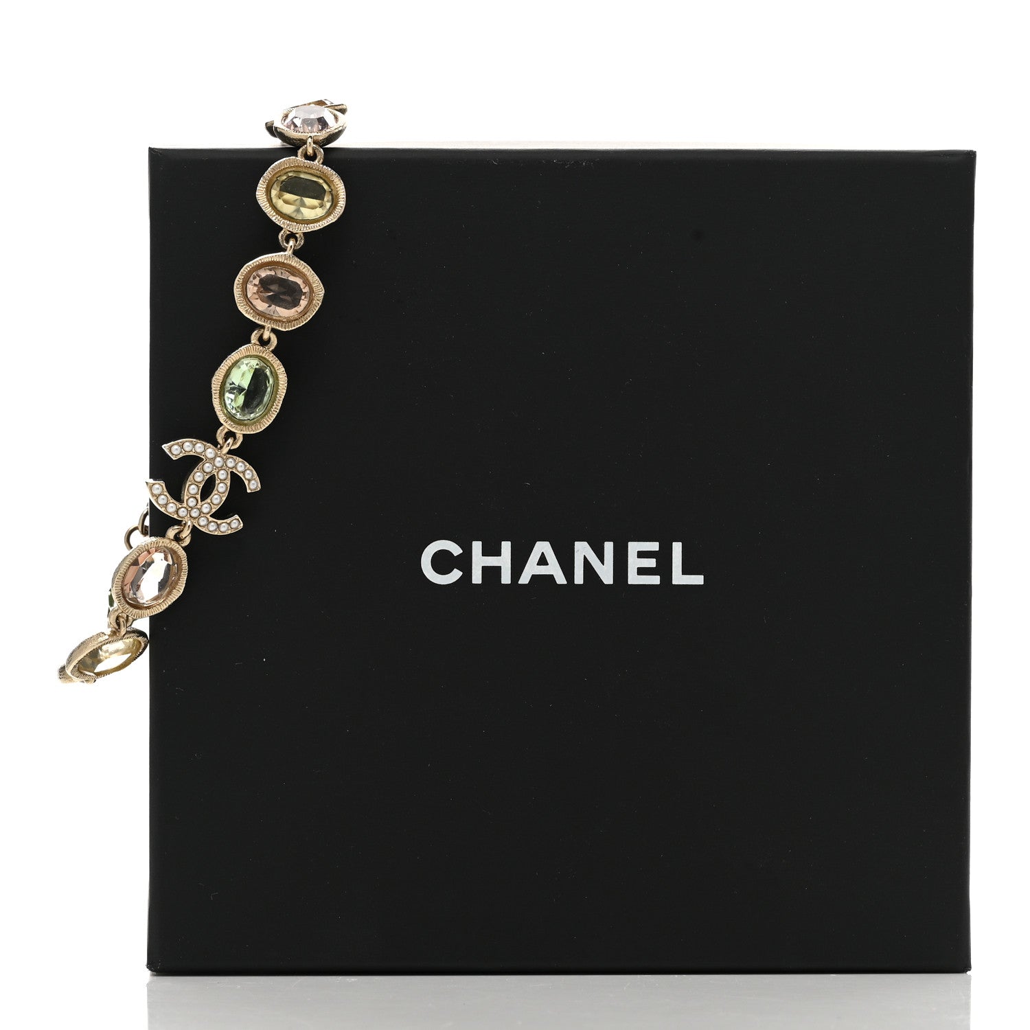 Chanel Metal Glass Crystal Strass Pearl CC Chain Bracelet Gold Multicolor Pearly White 4 of 4