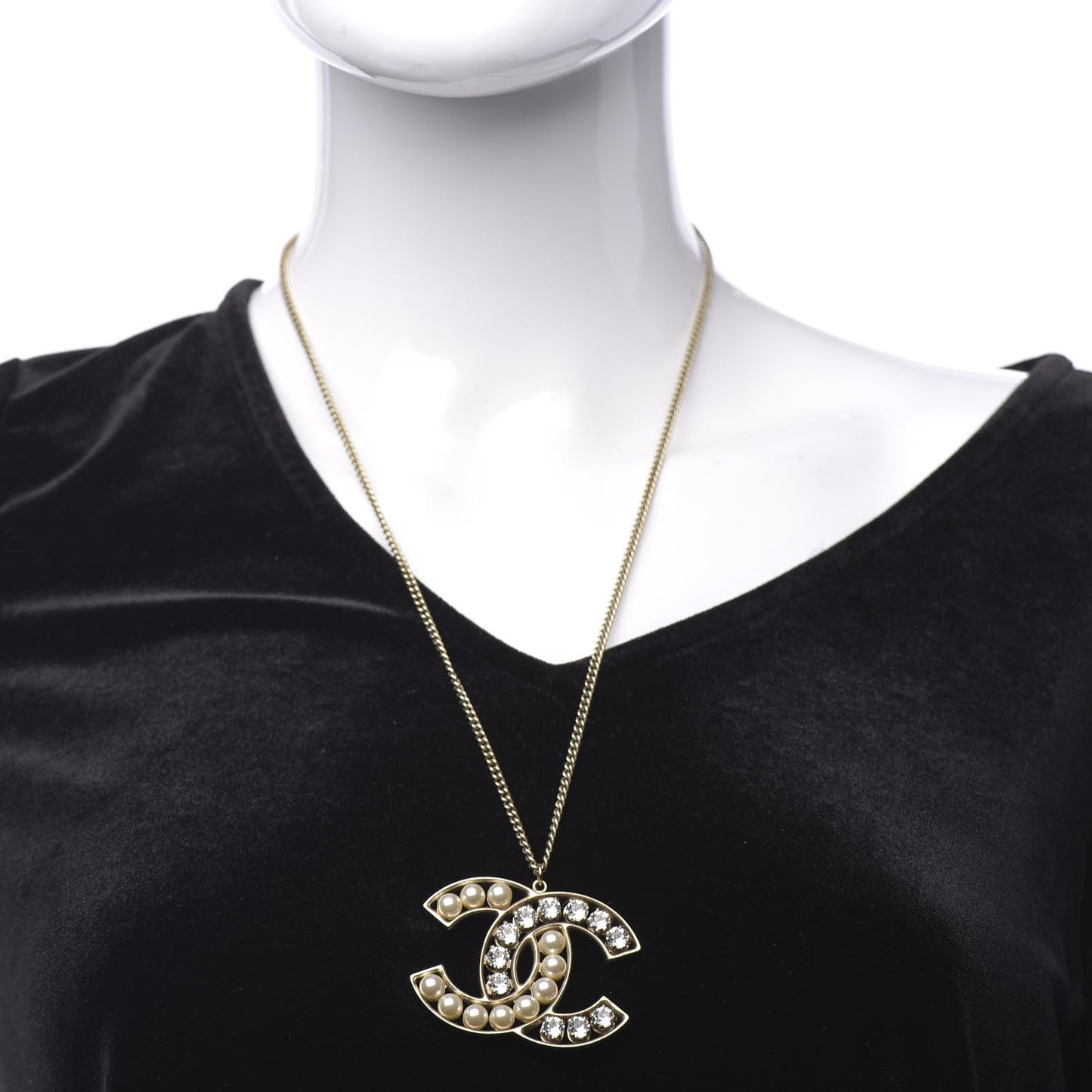 Crystal Pearl CC Pendant Necklace Gold