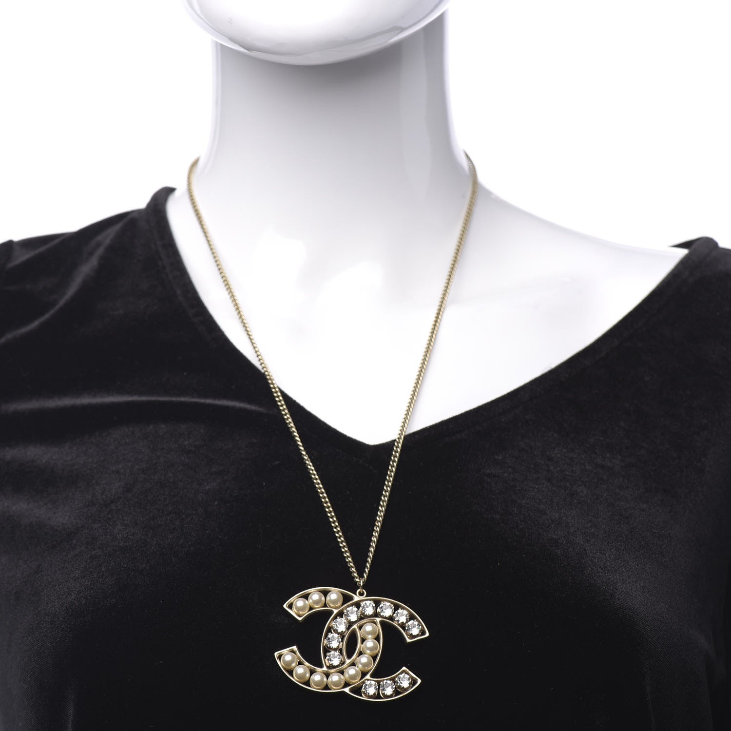 Chanel Crystal Pearl CC Pendant Necklace Gold 2 of 6