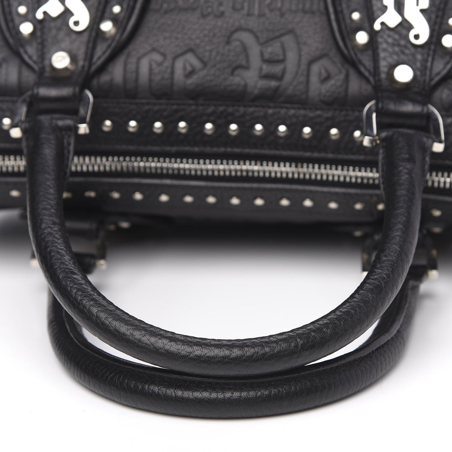 Calfskin Studded Logo Embossed Satchel Black