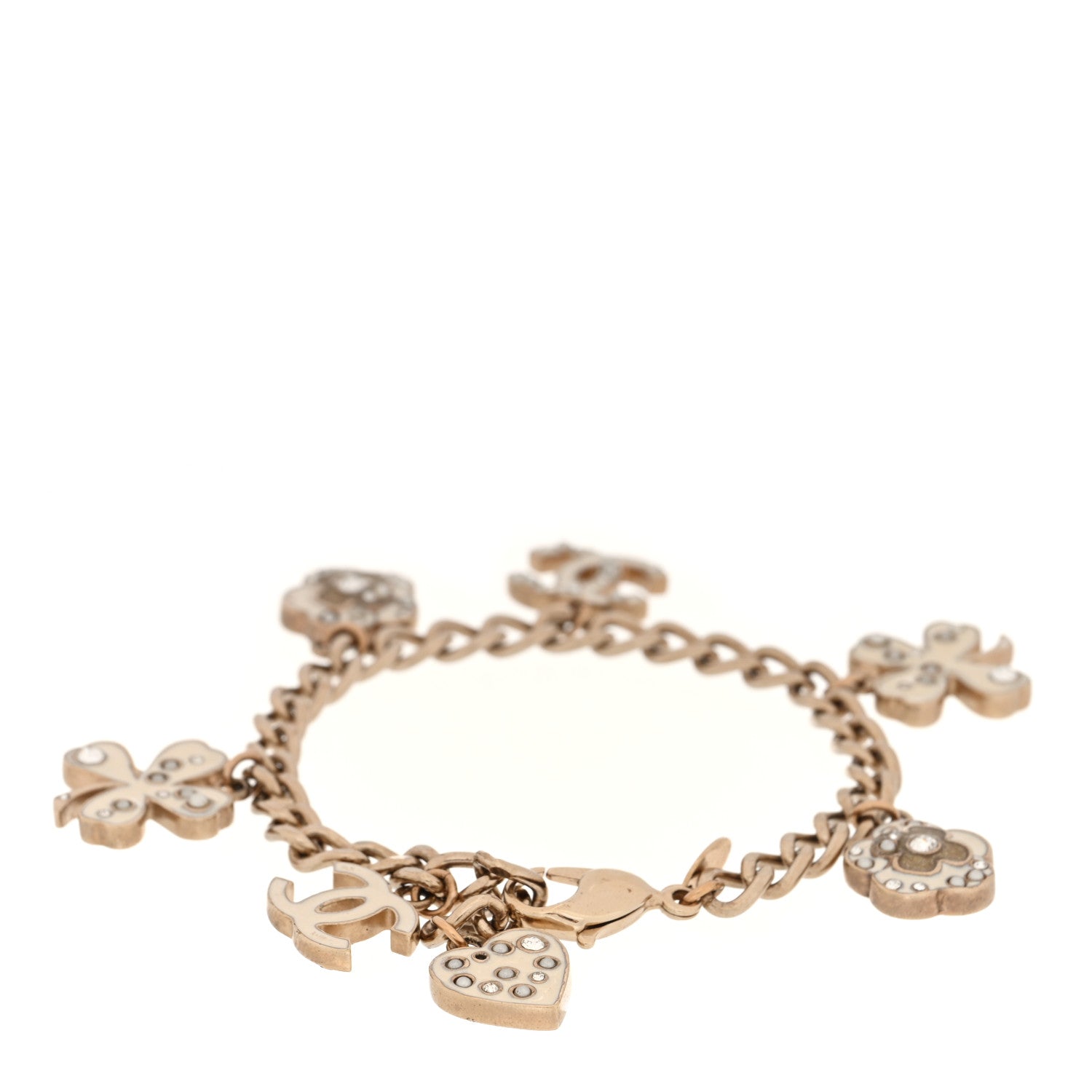 Chanel Enamel Crystal Pearl CC Lucky Charms Bracelet Gold White 3 of 5