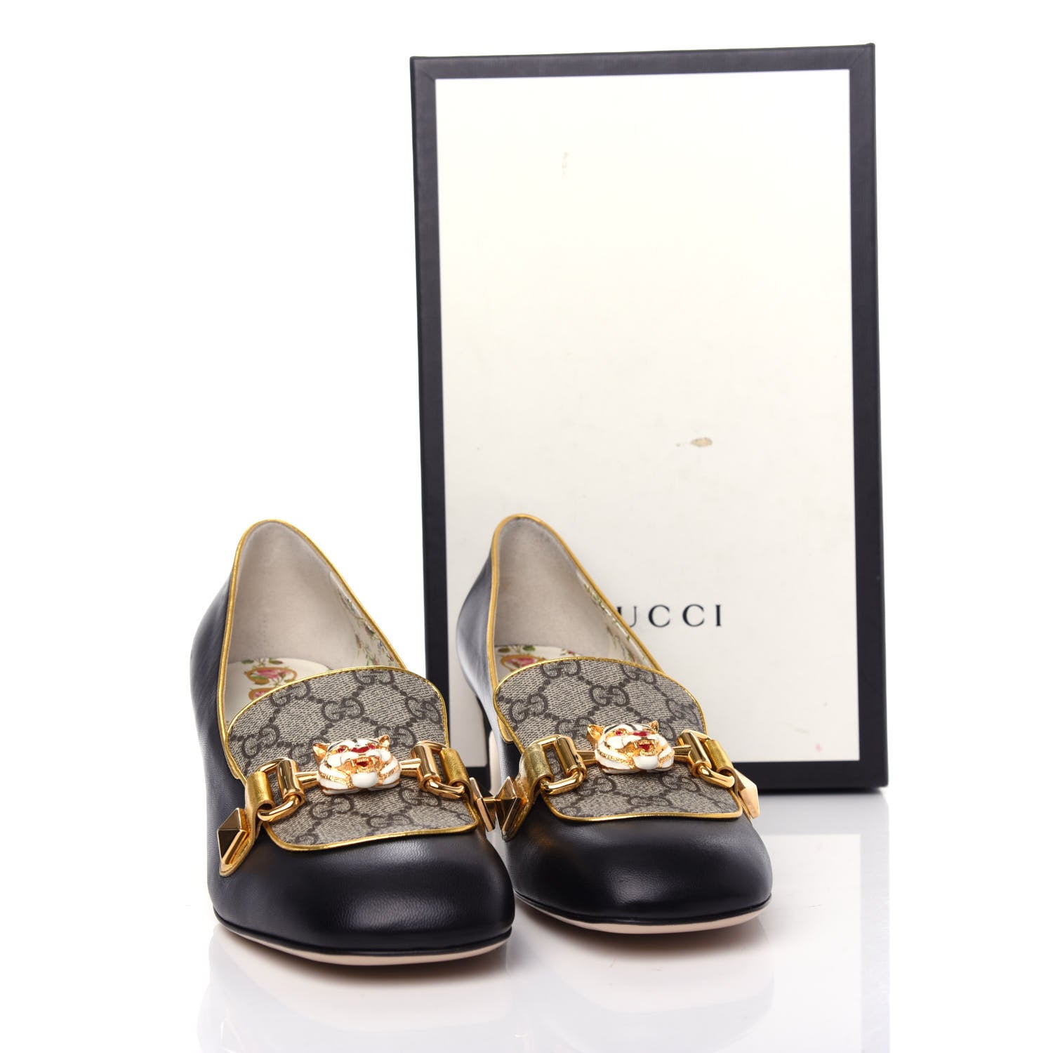 Gucci Malaga Kid Nappa GG Supreme Monogram Tiger Head Mid Heel Loafer Pumps 40.5 Black Oro Vecchio Beige 12 of 12