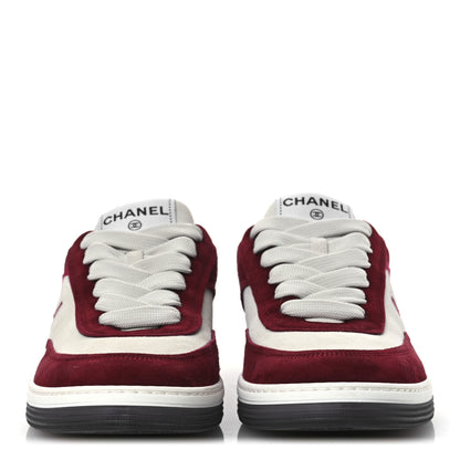 Chanel Suede Kidskin Womens CC Sneakers 38.5 Burgundy White 3 of 11