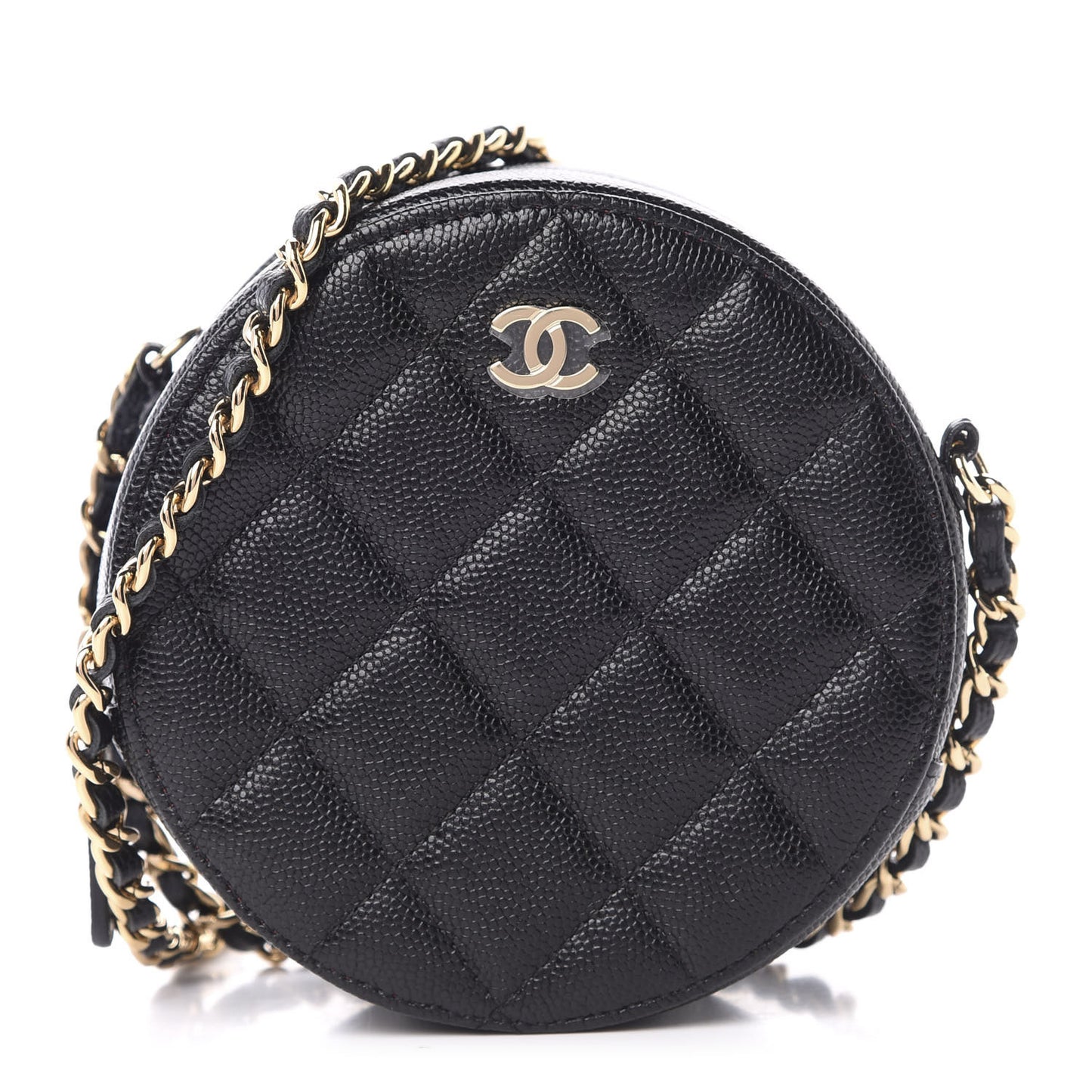 Caviar Quilted Round Clutch With Chain Black