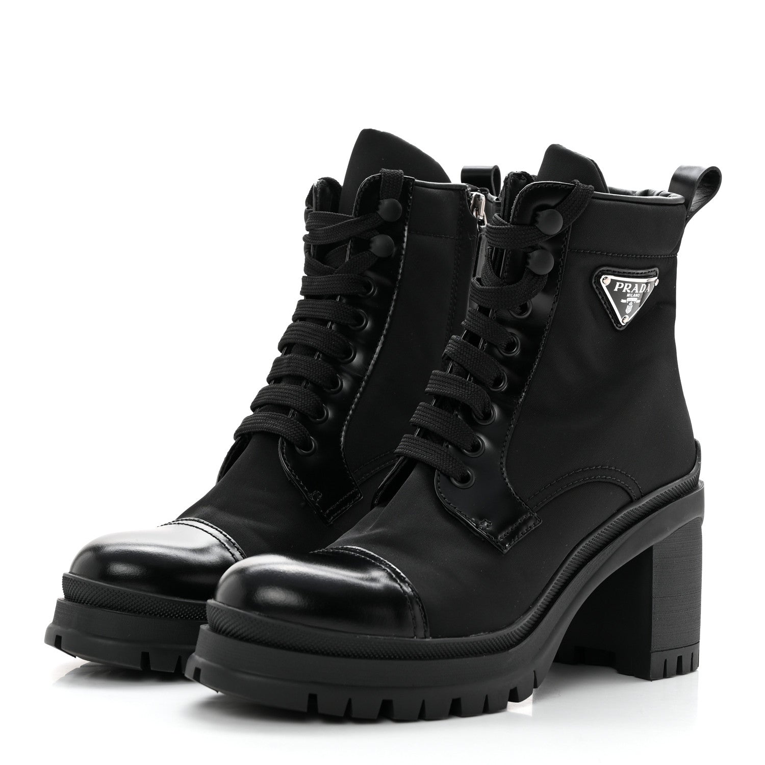 Prada Spazzolato Re-Nylon Metal Triangle Logo Lace Up 55mm Ankle Boots 36.5 Black 3 of 13