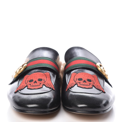 Gucci Goatskin Fur Web GG Skull Embroidered Mens Princetown Slippers 11 Black 2 of 9