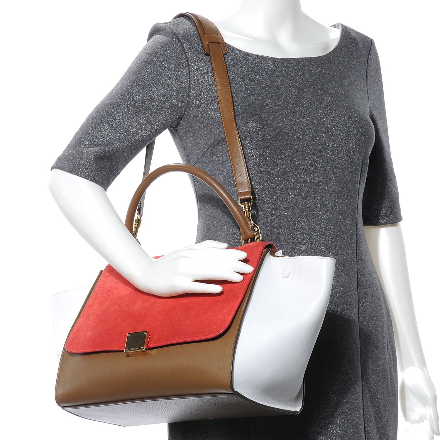 Celine Calfskin and Suede Small Trapeze Tri-Color Vermillion 2 of 7