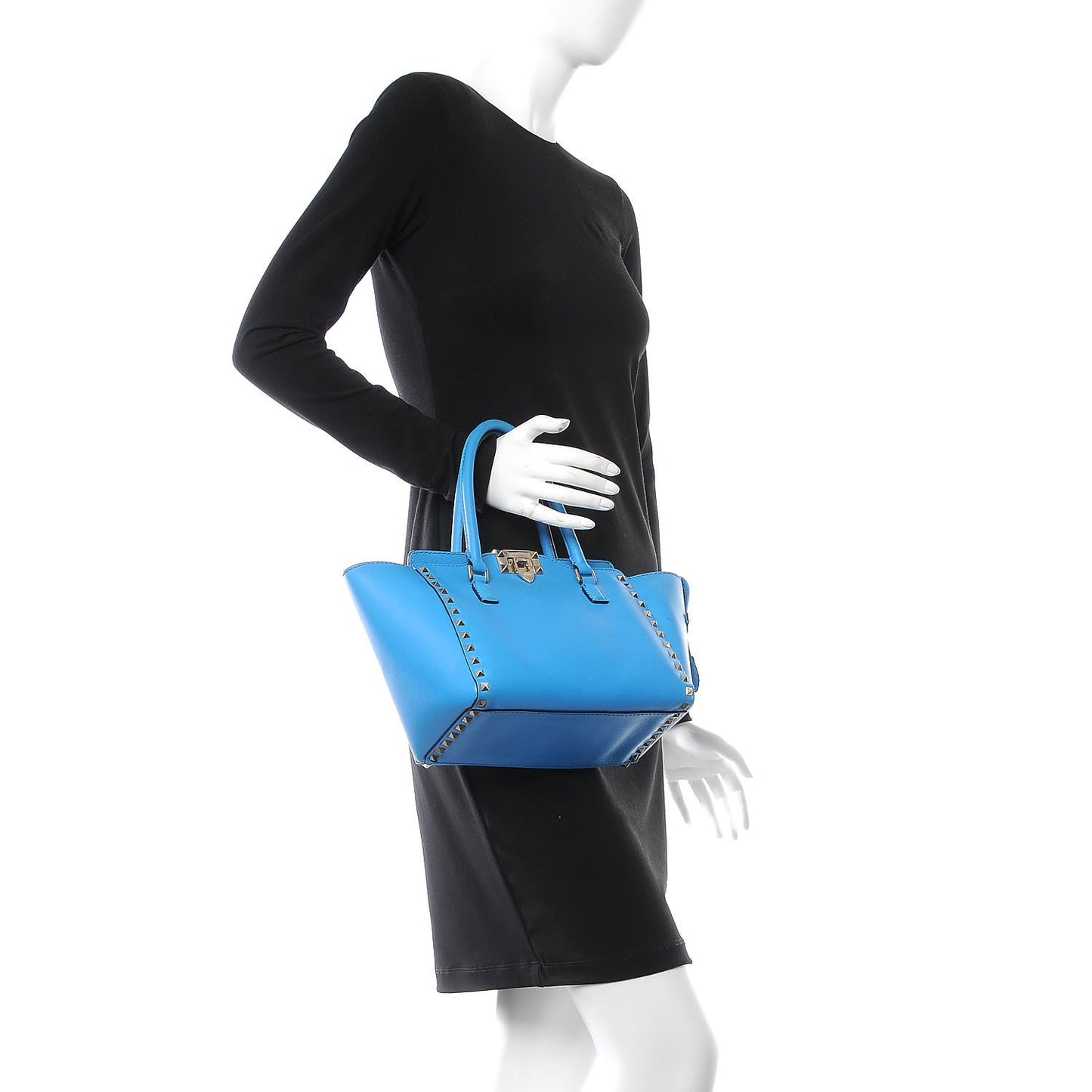 Vitello Mini Rockstud Double Handle Tote Blue Fluo