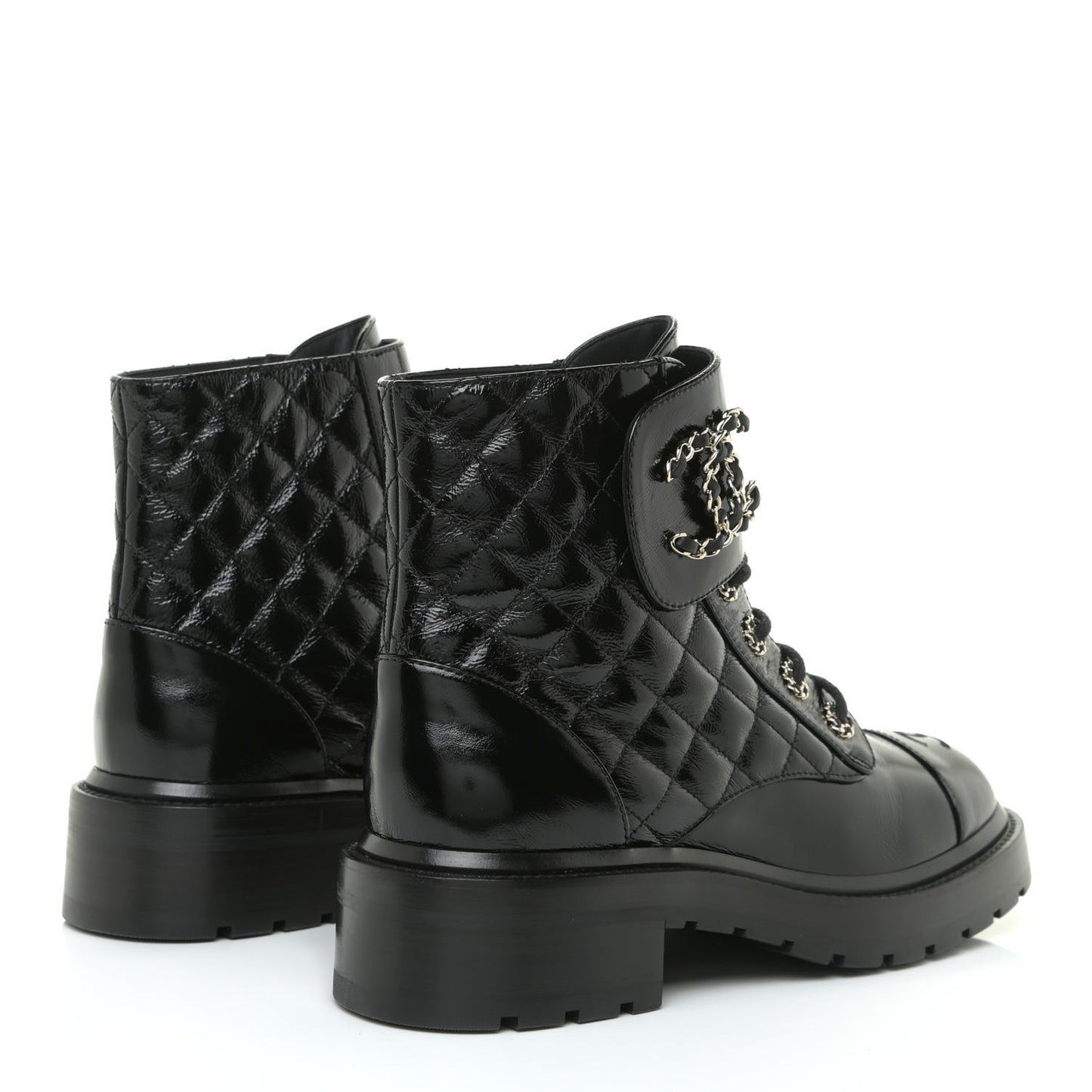Shiny Calfskin Quilted Lace Up Combat Boots 38 Black
