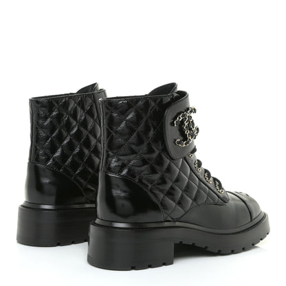 Chanel Shiny Calfskin Quilted Lace Up Combat Boots 38 Black 5 of 13