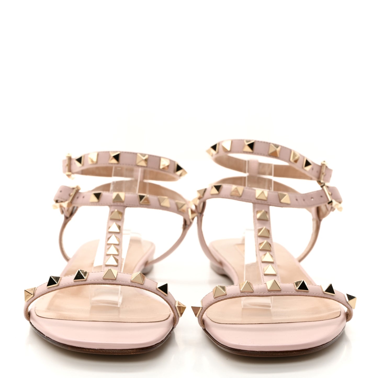 Calfskin Rockstud Ankle T-Strap Flat Sandals 39.5 Water Rose
