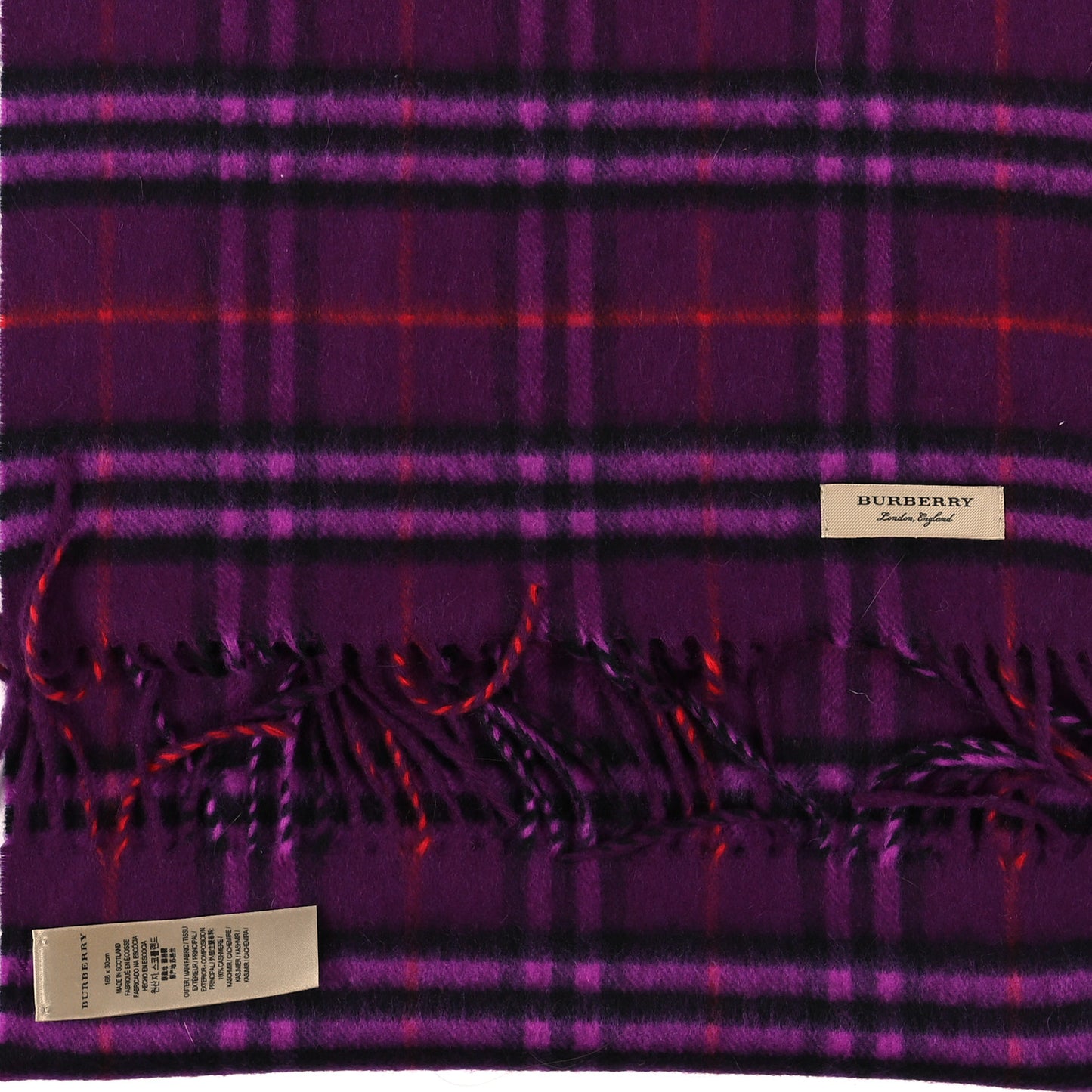 Cashmere Giant Check Fringe Scarf Purple