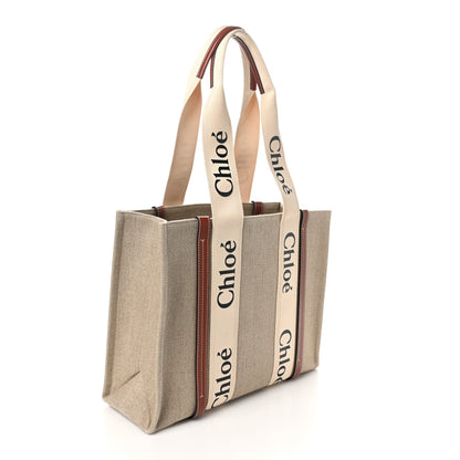 Chloe Linen Calfskin Medium Woody Ribbon Tote White Brown 3 of 9