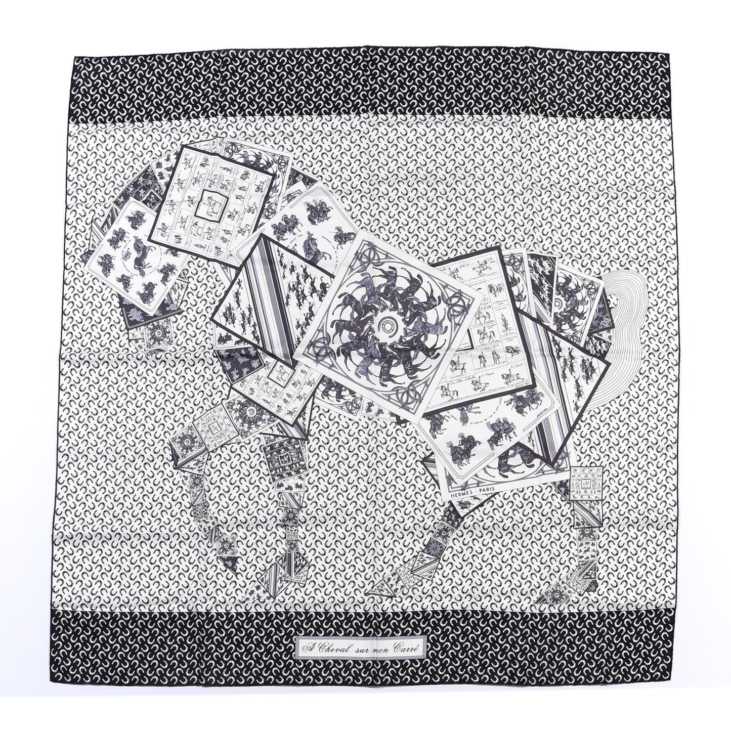 Silk A Cheval Sur Mon Carre Scarf 90 Black White Gris