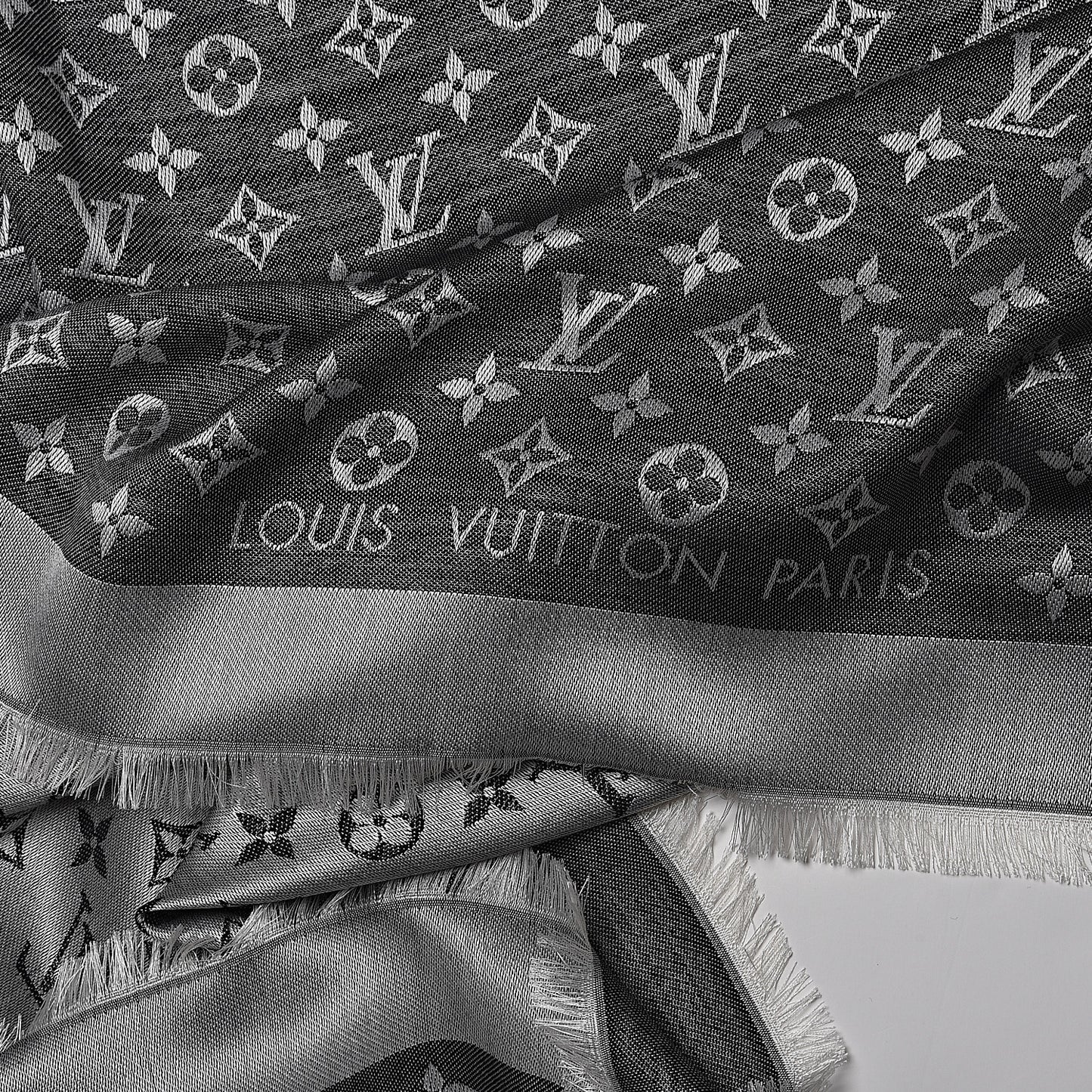 Wool Silk Monogram Denim Shawl Black