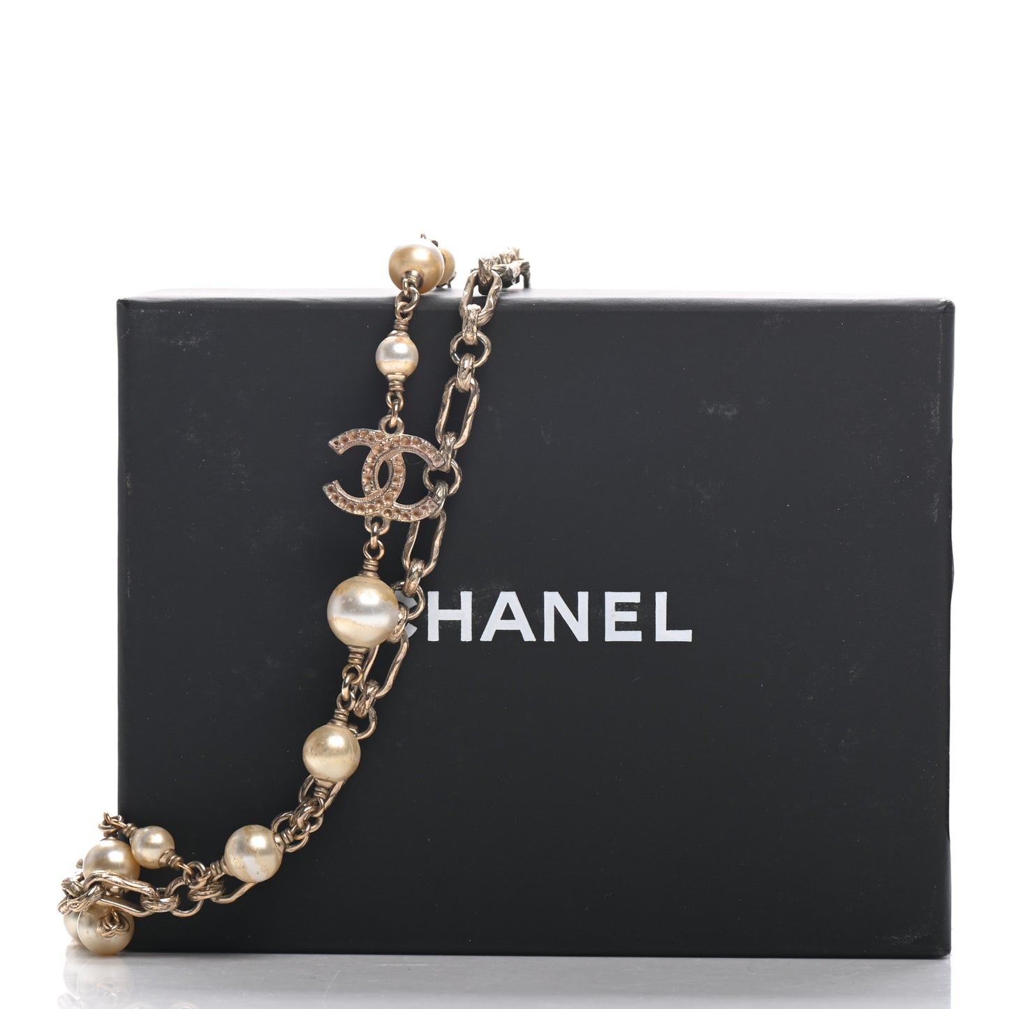 Graduated Pearl Crystal CC Long Necklace Gold
