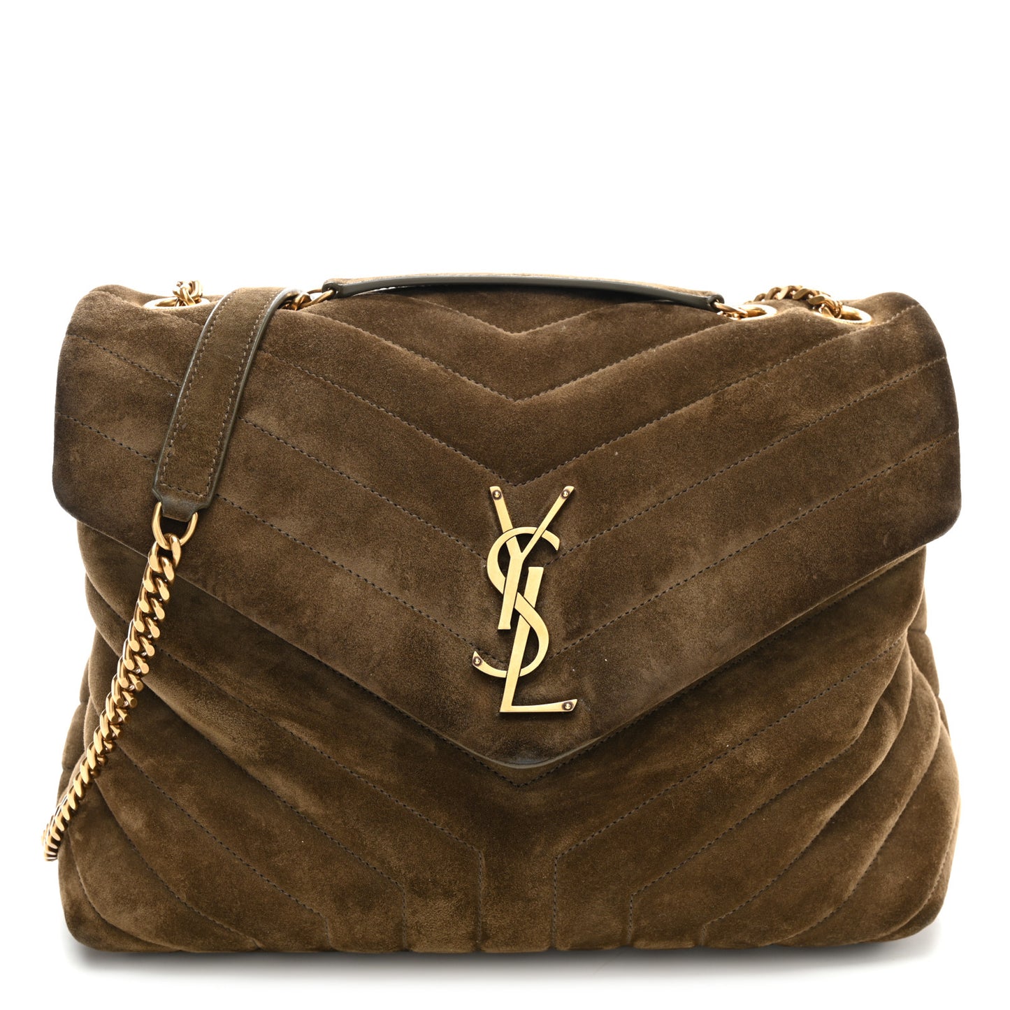 Suede Y Quilted Monogram Medium Loulou Chain Satchel Seaweed
