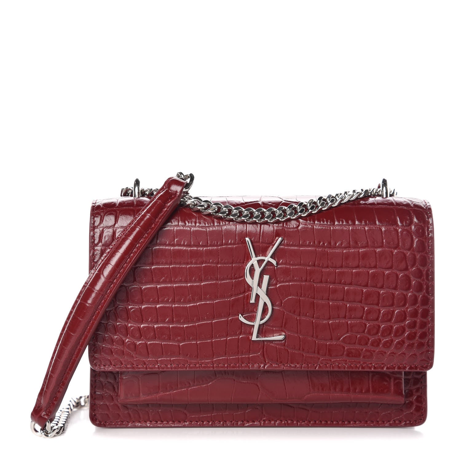 Saint Laurent Calfskin Crocodile Embossed Monogram Sunset Chain Wallet Palissandre 1 of 9