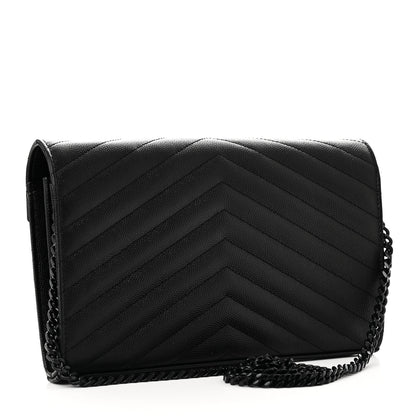 Saint Laurent Grain De Poudre Matelasse Chevron Monogram Monochrome Chain Wallet Black 3 of 10