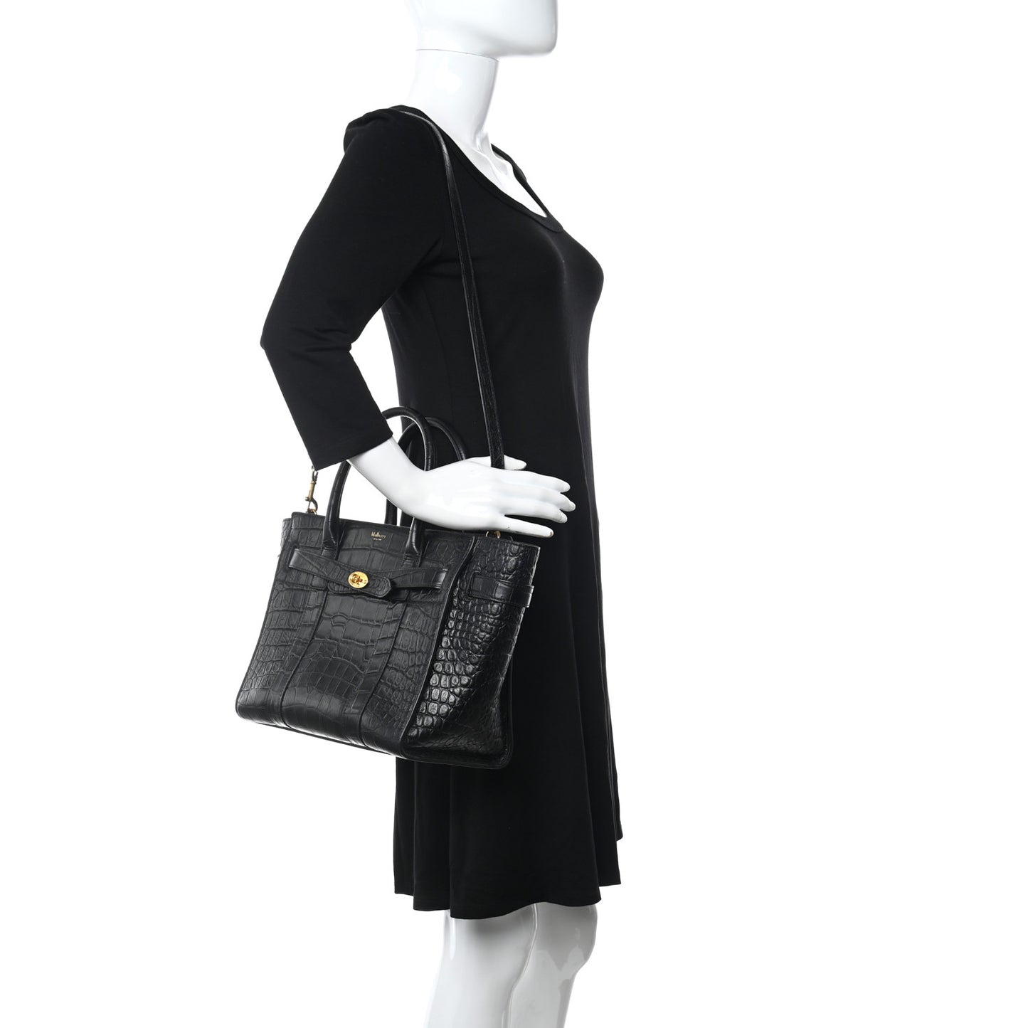 Crocodile Embossed Calfskin Small Zipped Bayswater Black
