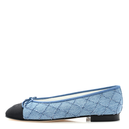 Chanel Denim Embroidered Grosgrain CC Cap Toe Ballerina Flats 37.5 Blue Black 1 of 9