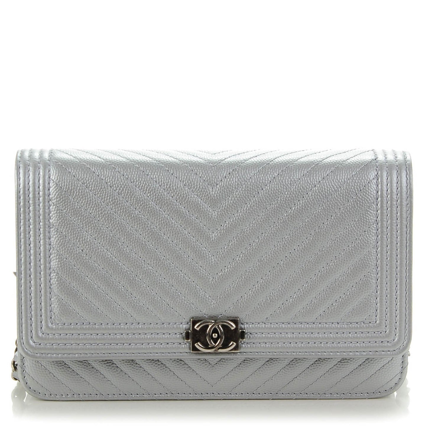 Caviar Chevron Quilted Boy Wallet On Chain WOC Silver