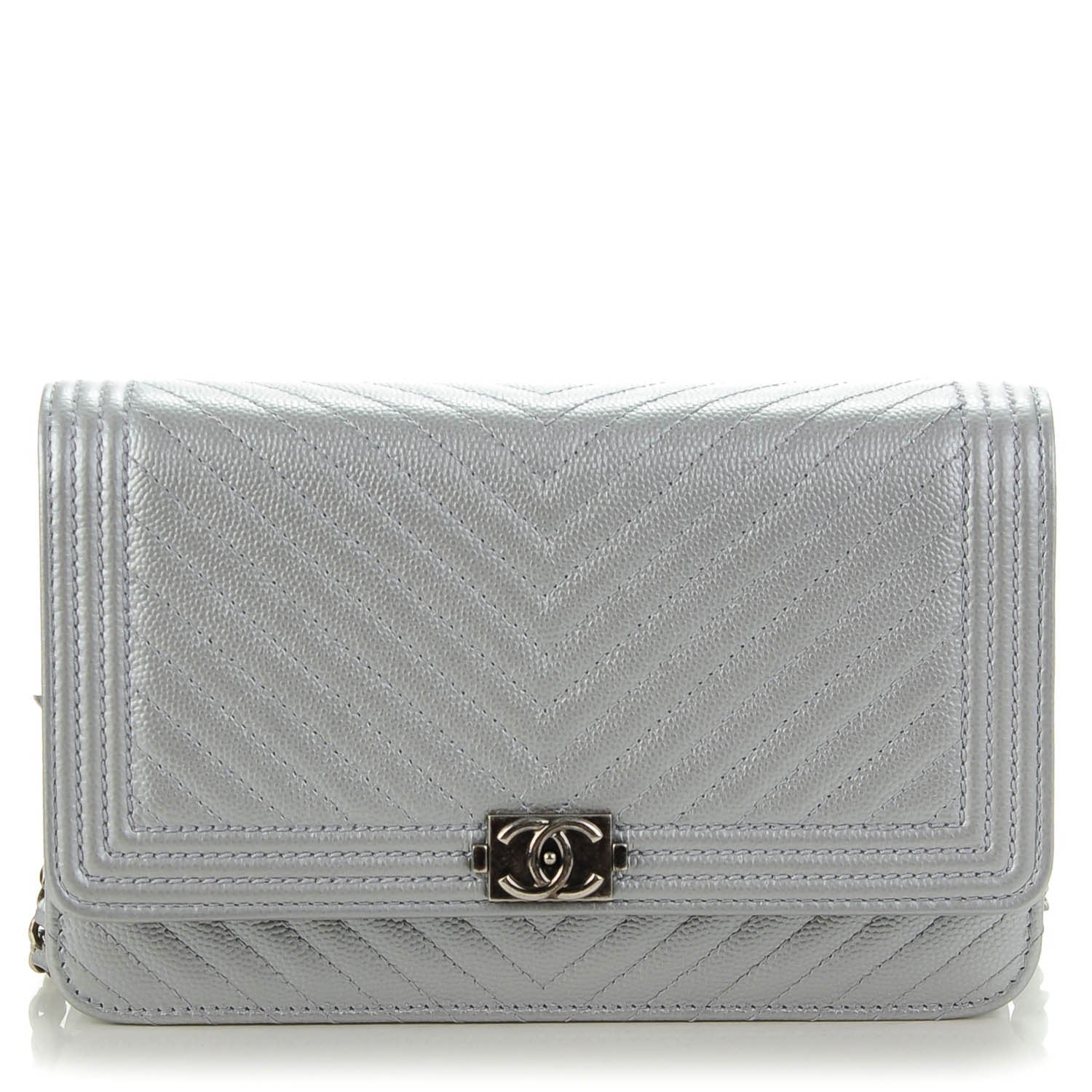 Chanel Caviar Chevron Quilted Boy Wallet On Chain WOC Silver 1 of 8