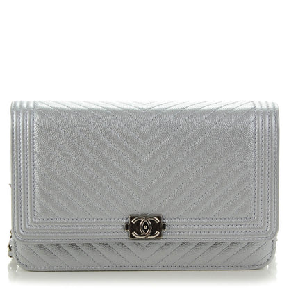 Chanel Caviar Chevron Quilted Boy Wallet On Chain WOC Silver 1 of 8