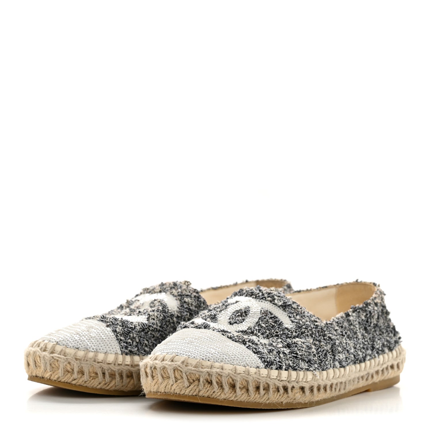 Chanel Tweed Sequin CC Espadrilles 37 Black White 4 of 10