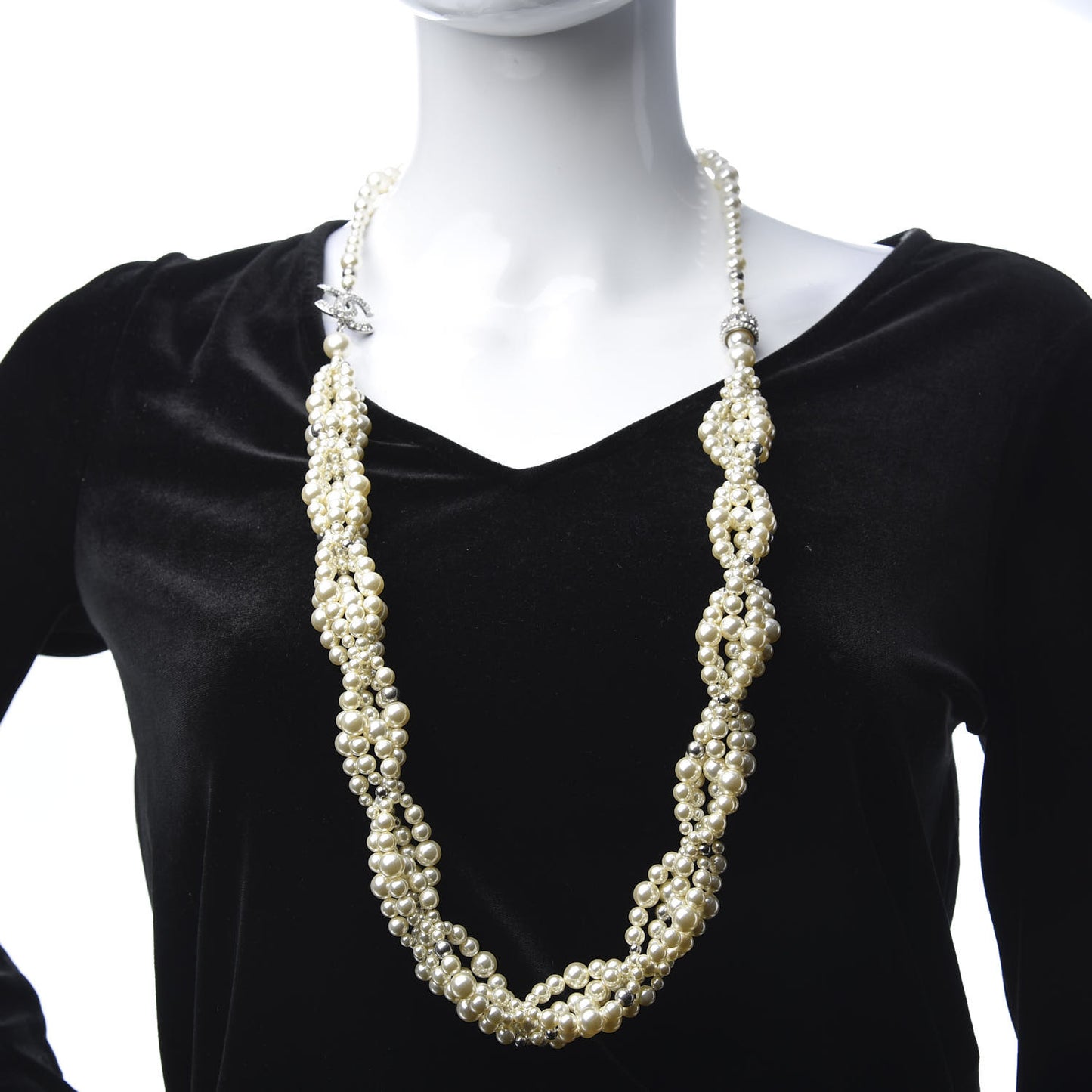 Crystal Pearl CC Braided Necklace Silver Pearly White