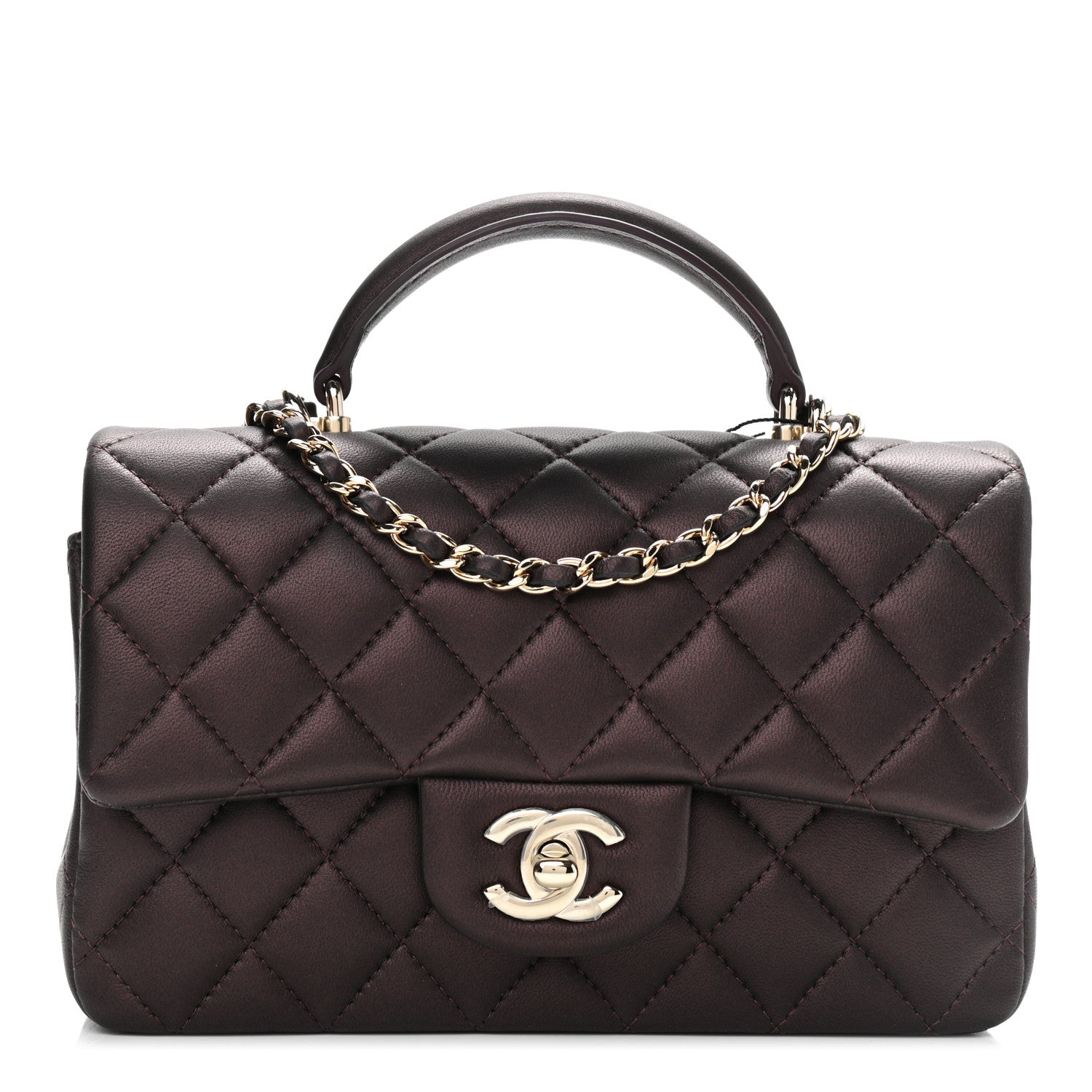 Chanel Iridescent Lambskin Quilted Mini Top Handle Rectangular Flap Burgundy 1 of 10