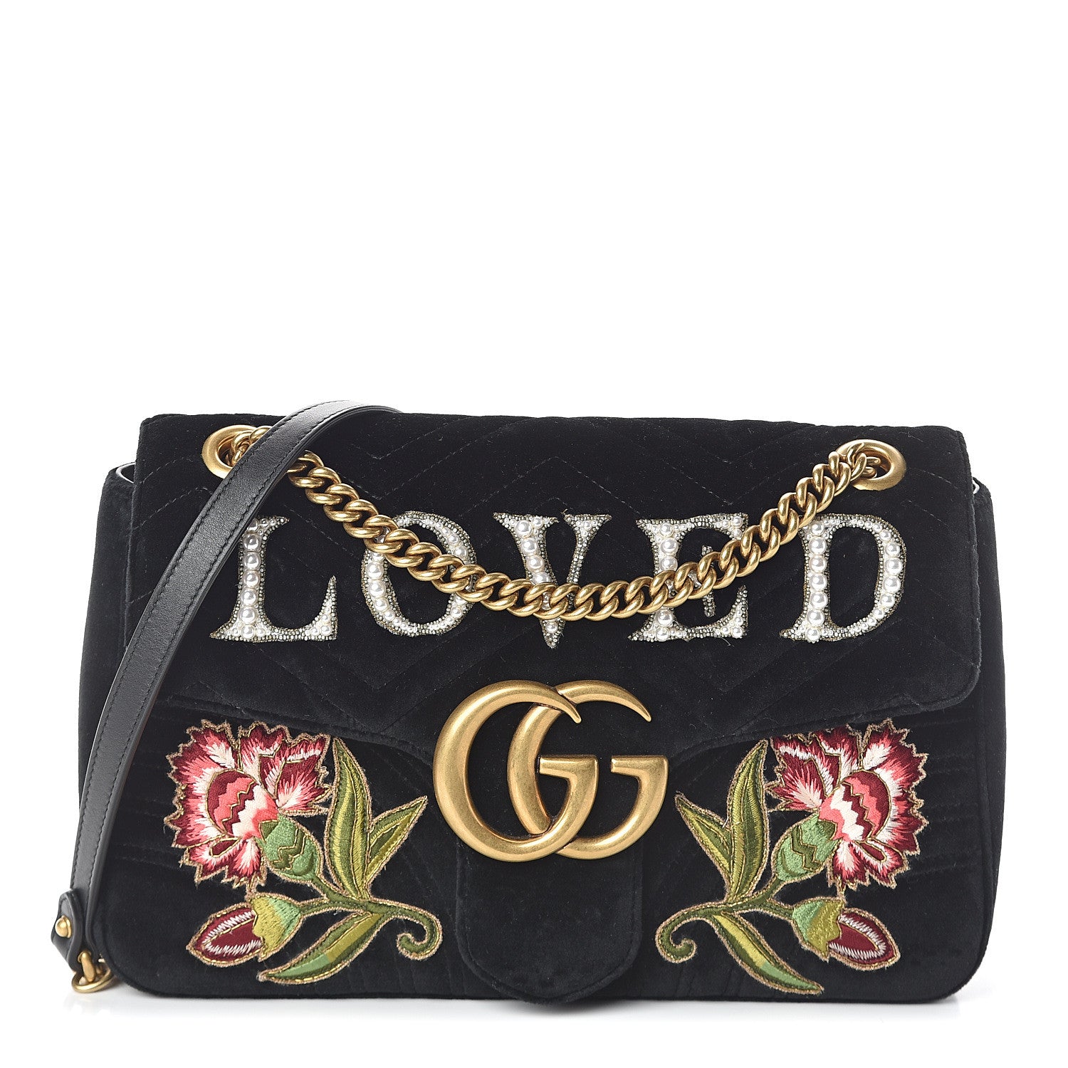 Gucci Velvet Matelasse Loved Embroidered Medium GG Marmont Shoulder Bag Black 1 of 8