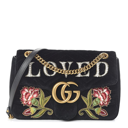 Gucci Velvet Matelasse Loved Embroidered Medium GG Marmont Shoulder Bag Black 1 of 8