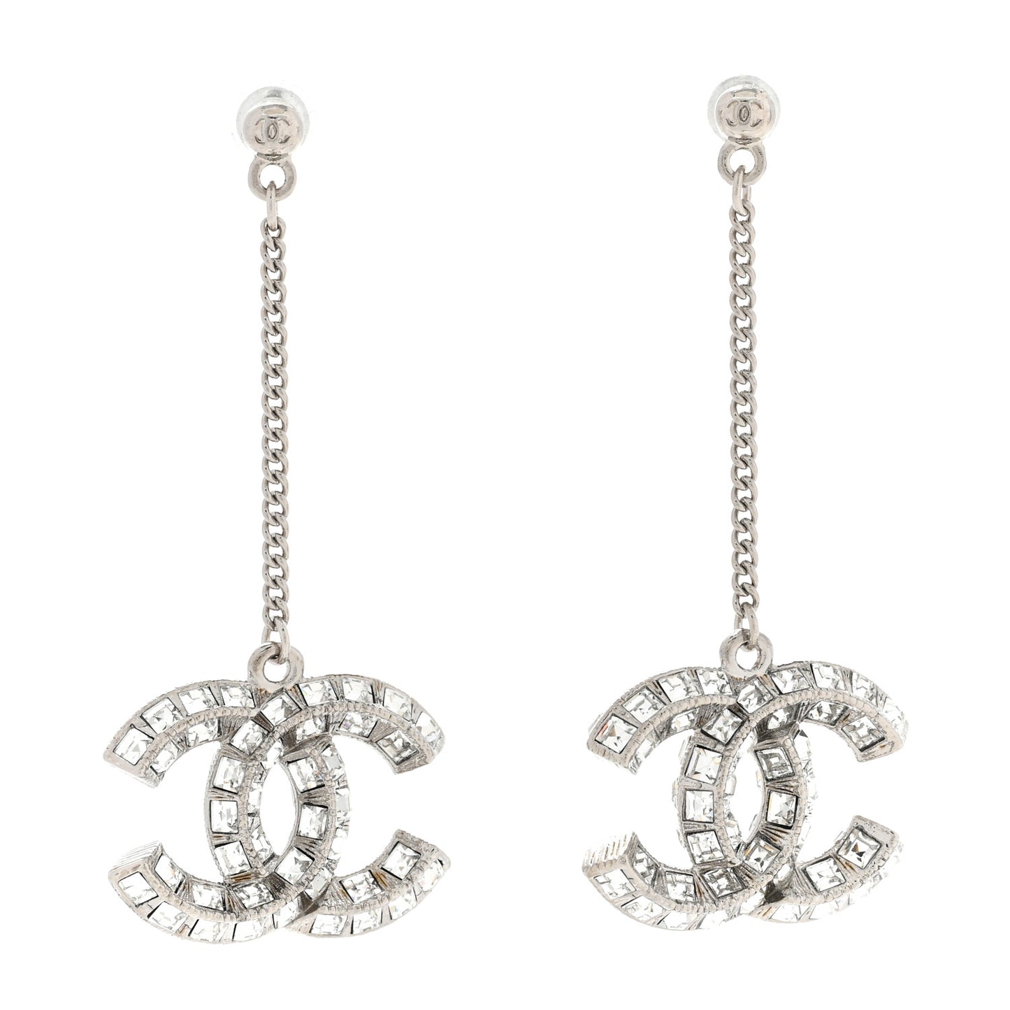 Baguette Crystal CC Drop Earrings Silver
