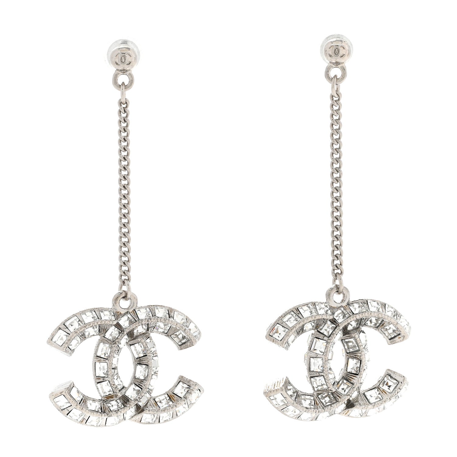 Chanel Baguette Crystal CC Drop Earrings Silver 1 of 4