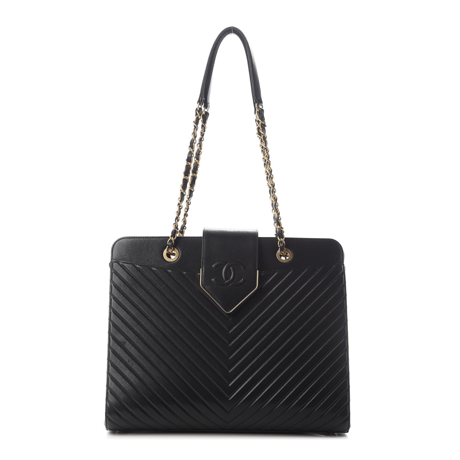 Chanel Shiny Sheepskin Chevron Quilted Collar and Tie Medium Flap Tote Black 1 of 8