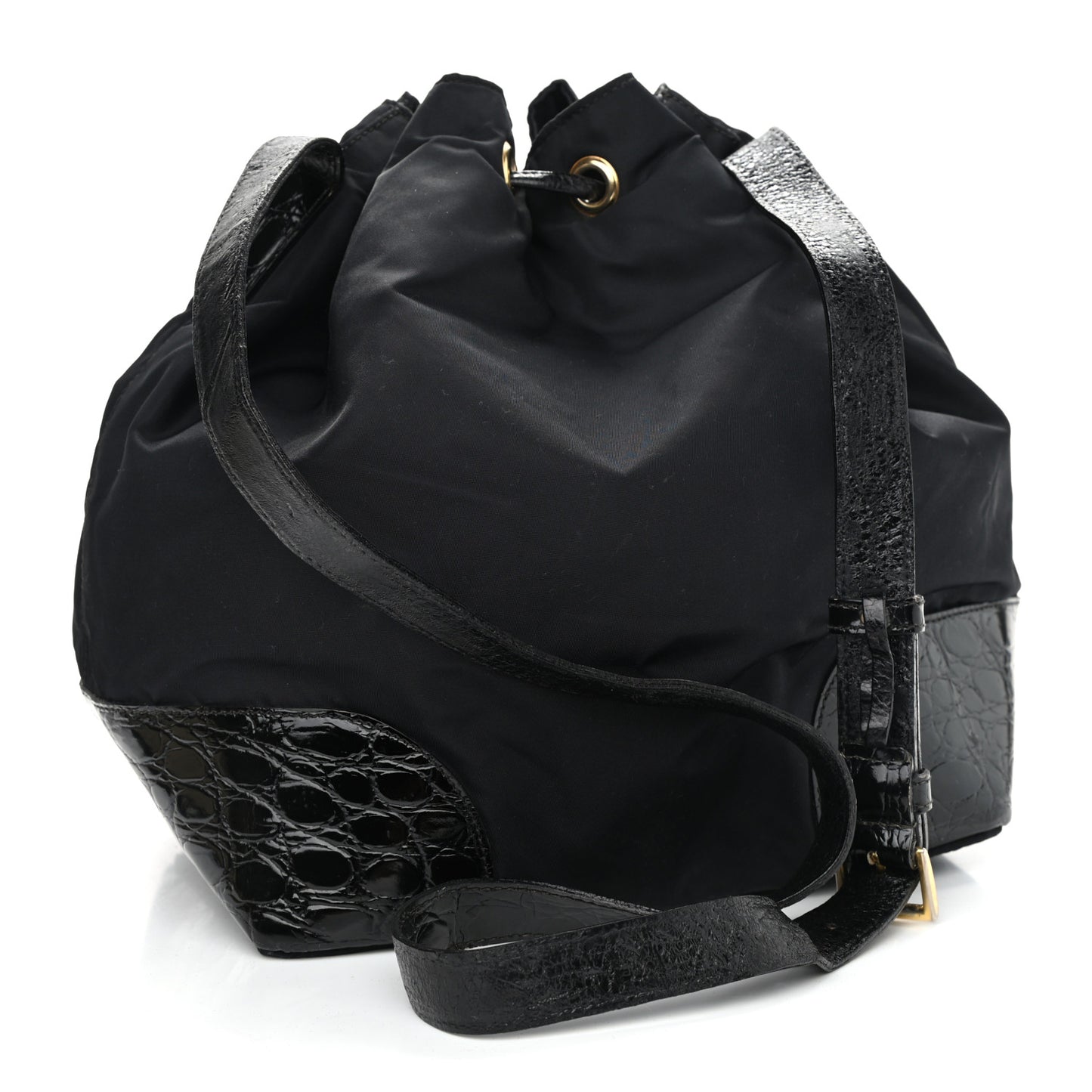 Tessuto Nylon Crocodile Embossed Calfskin Bucket Bag Black