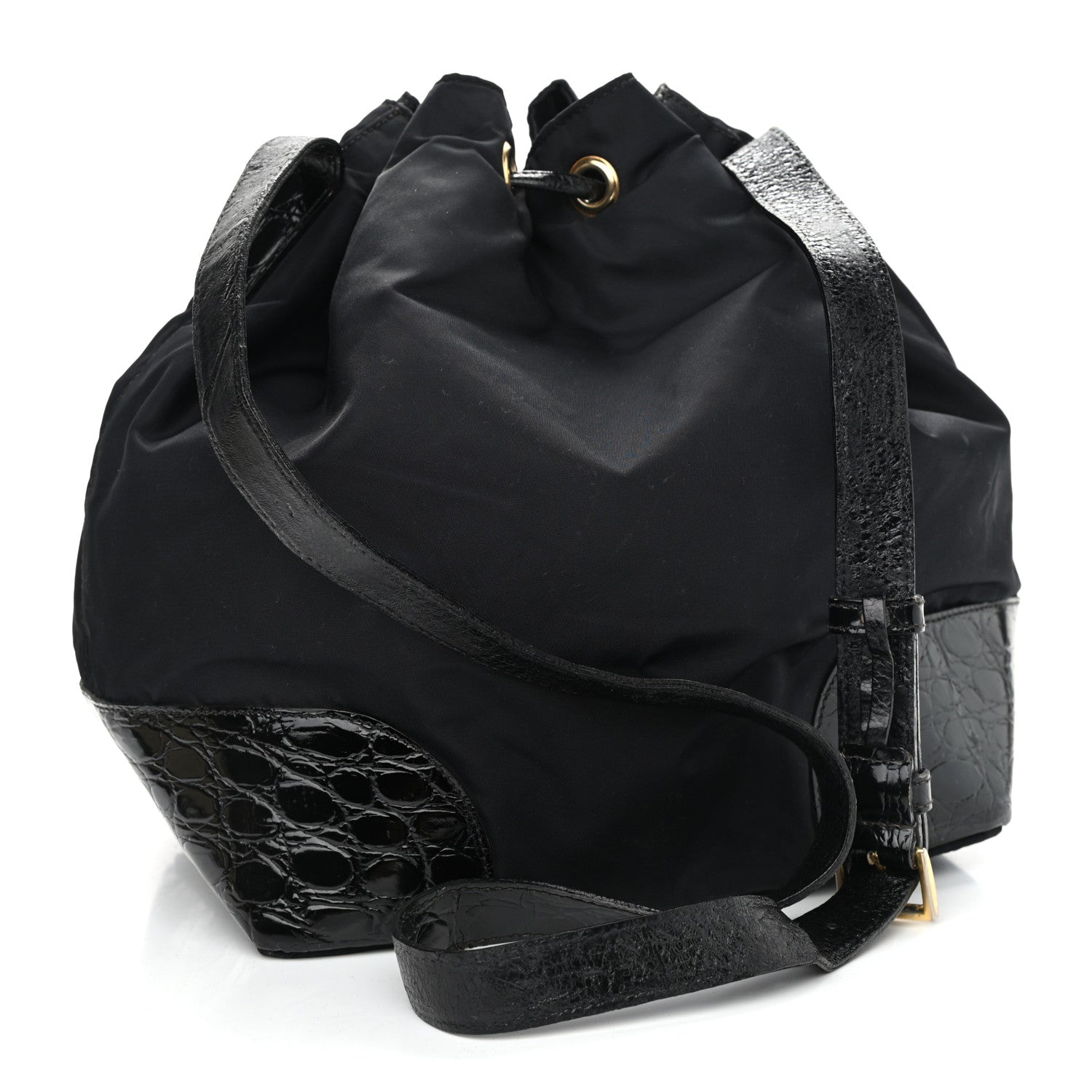 Prada Tessuto Nylon Crocodile Embossed Calfskin Bucket Bag Black 3 of 12