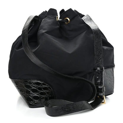 Prada Tessuto Nylon Crocodile Embossed Calfskin Bucket Bag Black 3 of 12