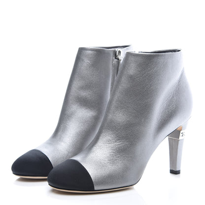 Chanel Lambskin Grosgrain Cap Toe CC Short Ankle Boots 39.5 Silver Black 3 of 9