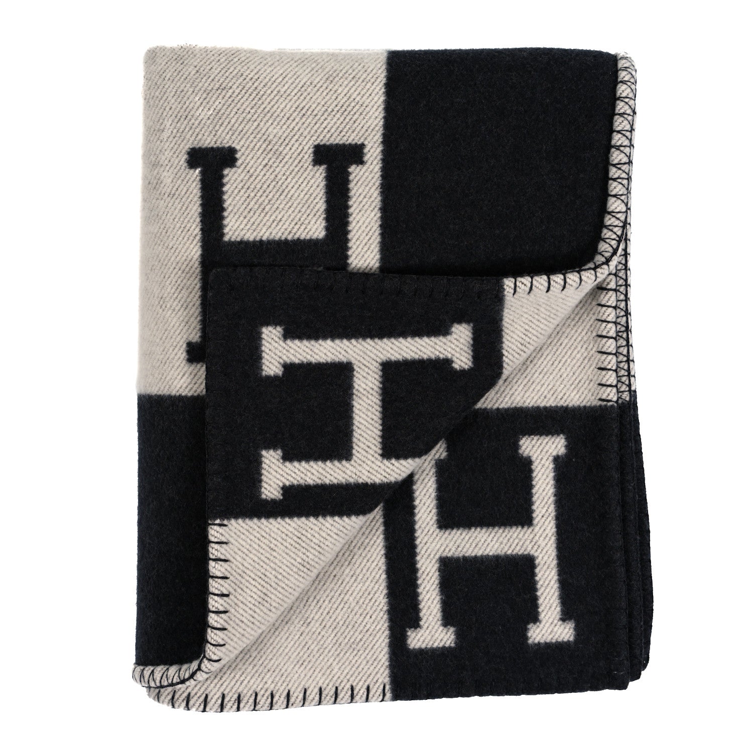 Hermes Wool Cashmere Avalon III Blanket Ecru Black 2 of 3