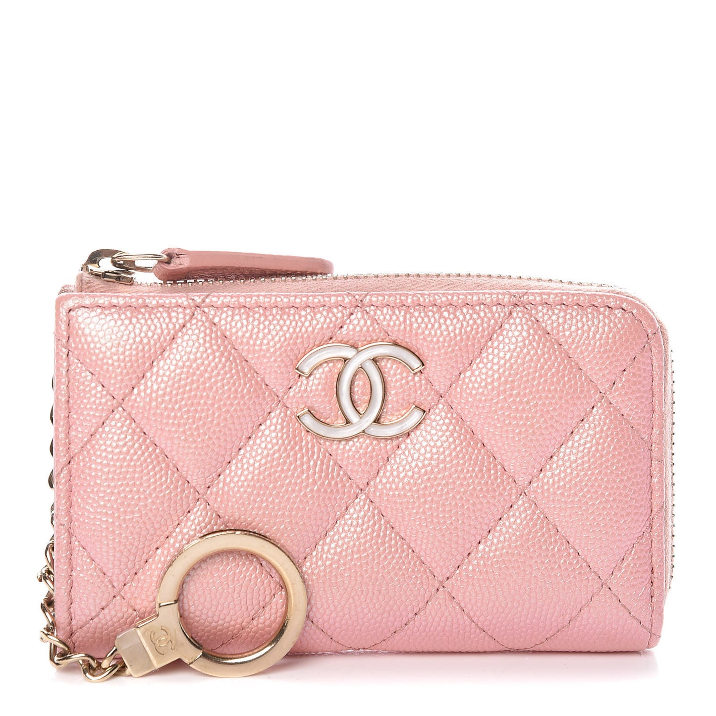 Iridescent Caviar Quilted Zipped Key Holder Case Rose Pink