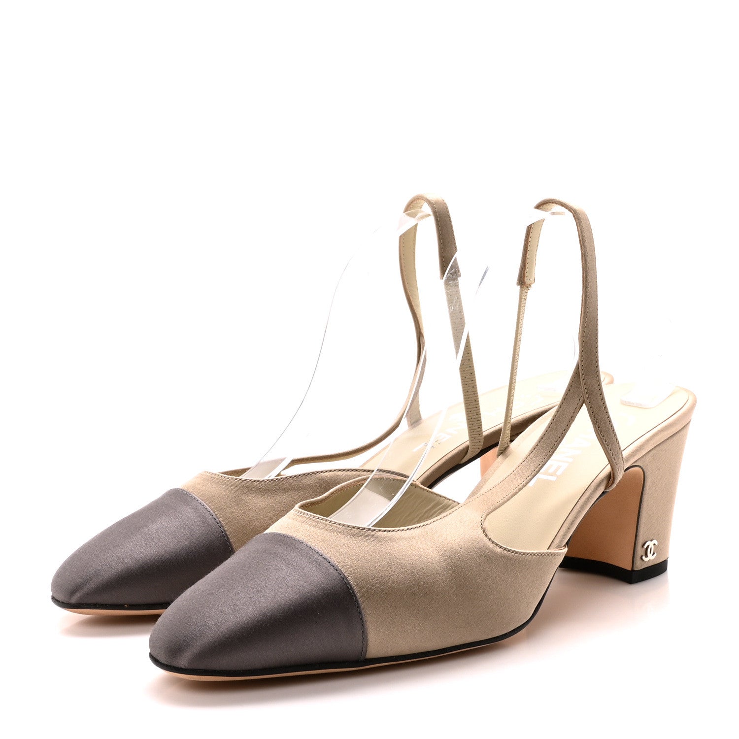 Chanel Satin Cap Toe CC Slingback Pumps 41 Beige Grey 4 of 8