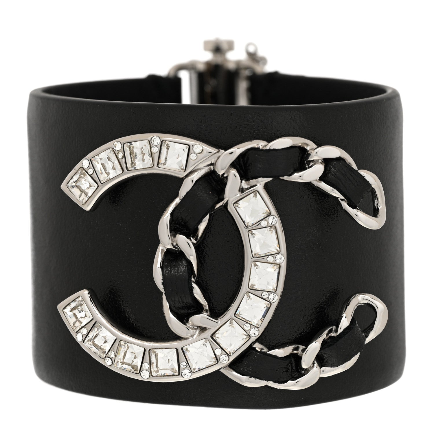 Chanel Lambskin Baguette Crystal CC Chain Cuff Bracelet M Black 1 of 5
