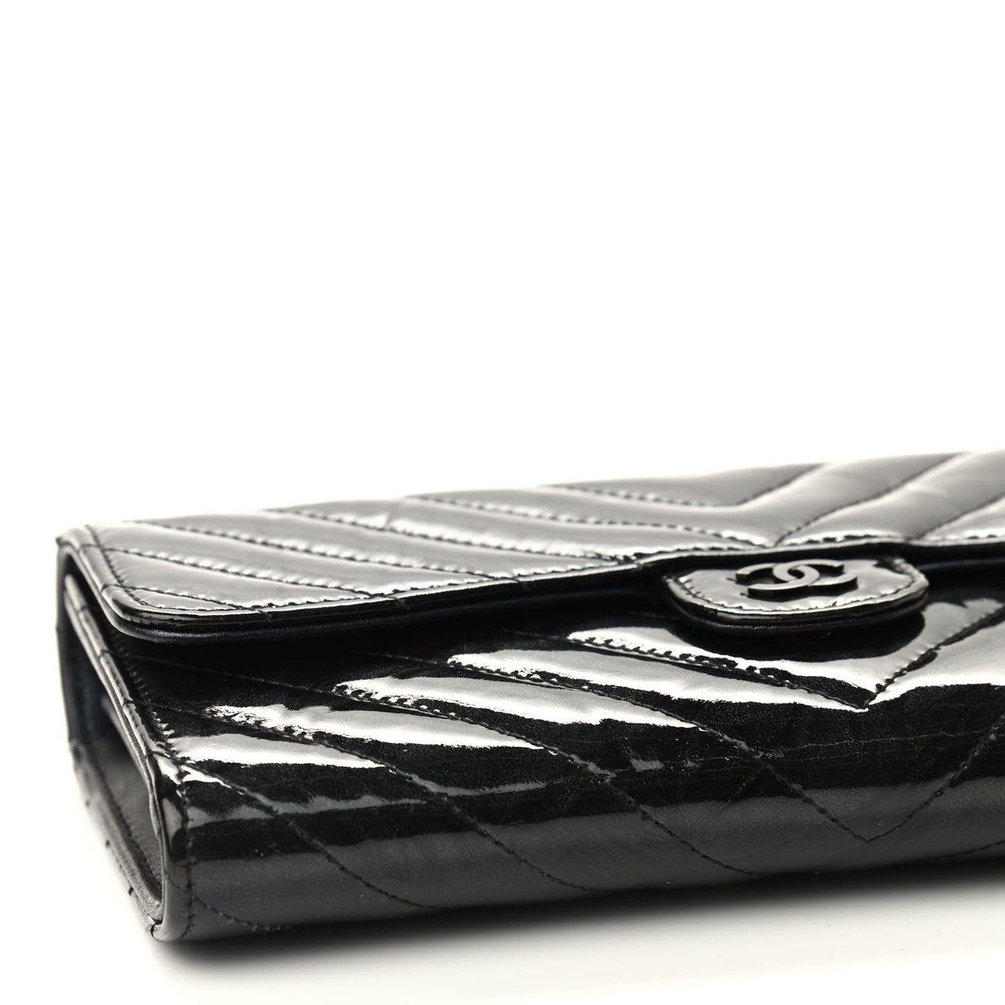 Patent Metallic Crumpled Calfskin Chevron Quilted Large Gusset Flap Wallet So Black