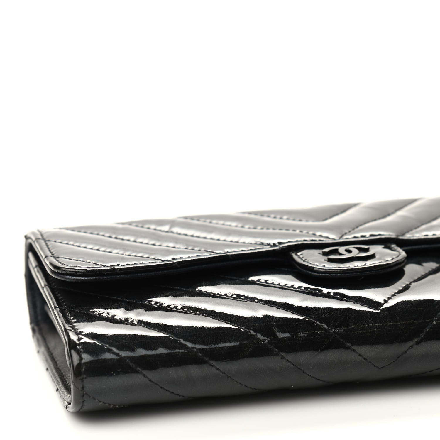 Chanel Patent Metallic Crumpled Calfskin Chevron Quilted Large Gusset Flap Wallet So Black 9 of 10