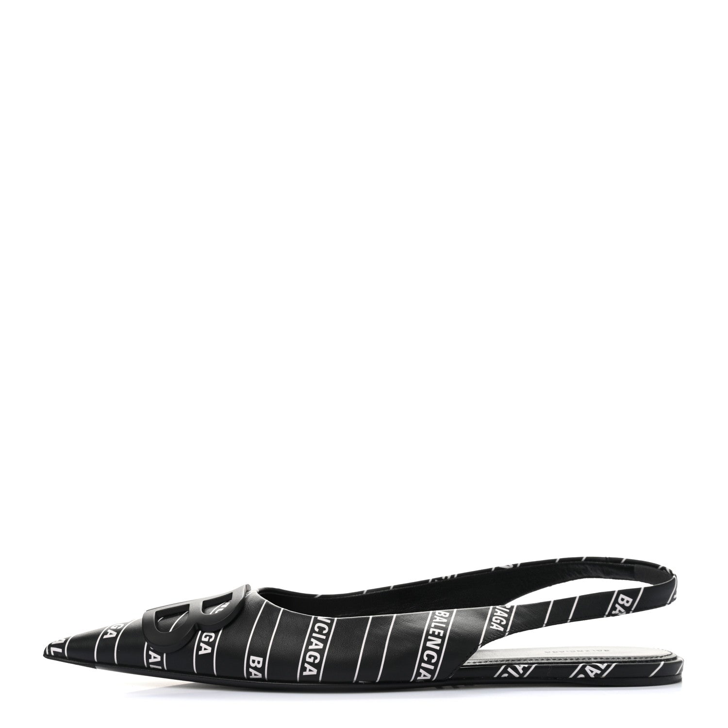 Balenciaga Calfskin Diagonal Allover Logo Print BB Knife Pointy Toe Slingback Flats 37 Black White 1 of 9