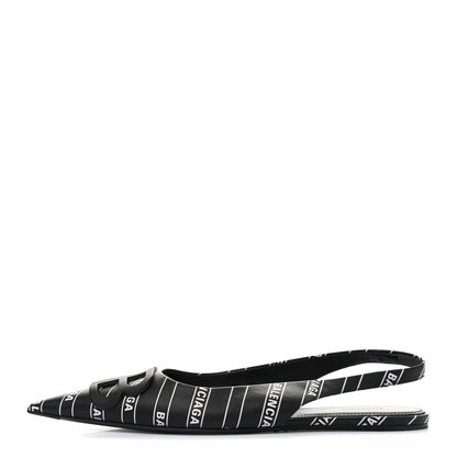Balenciaga Calfskin Diagonal Allover Logo Print BB Knife Pointy Toe Slingback Flats 37 Black White 1 of 9