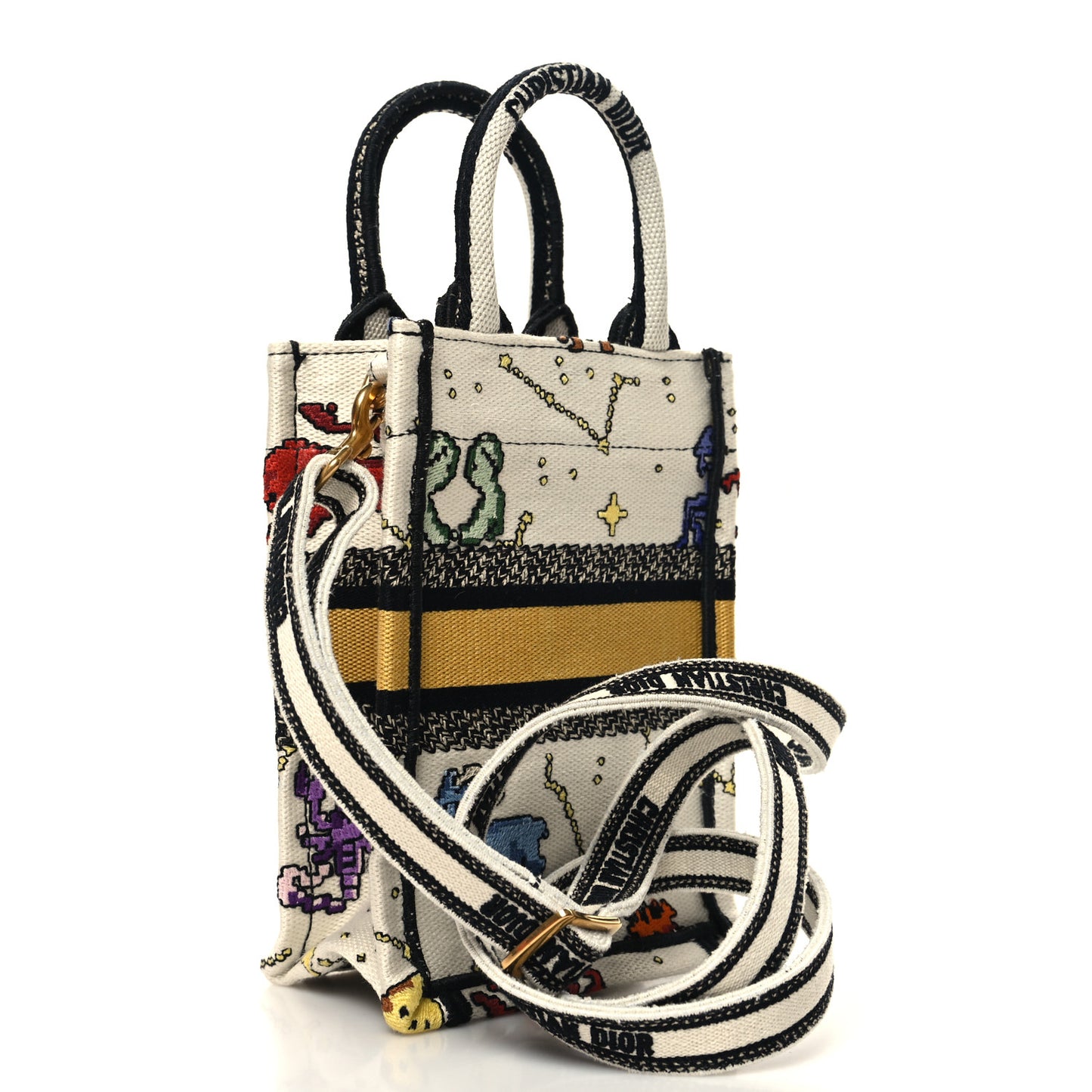 Canvas Embroidered Pixel Zodiac Mini Book Tote Phone Bag Latte Multicolor